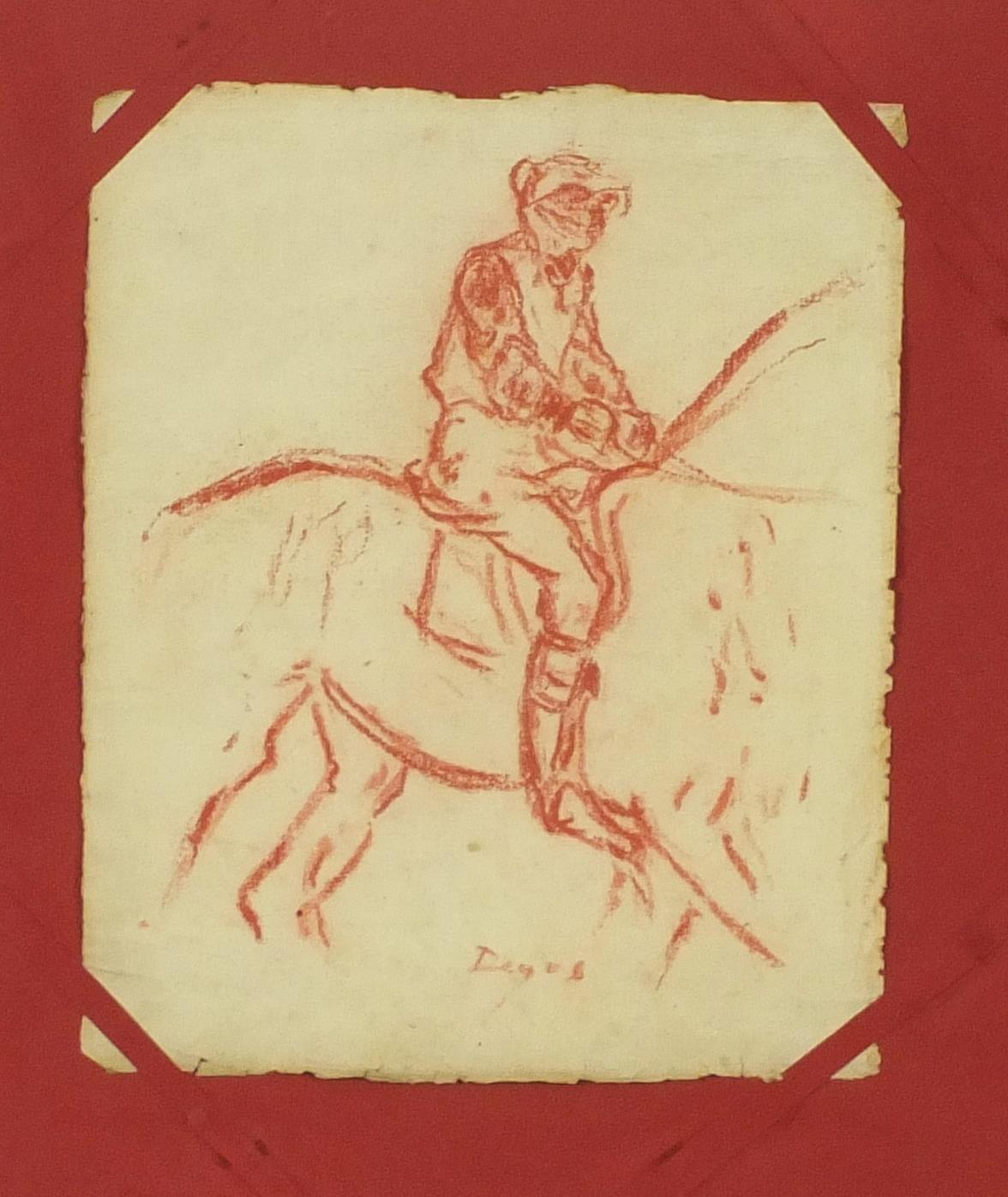 Jockey on horseback, wax crayon on paper, mounted, framed and glazed, 27.5cm x 22cm :For Further