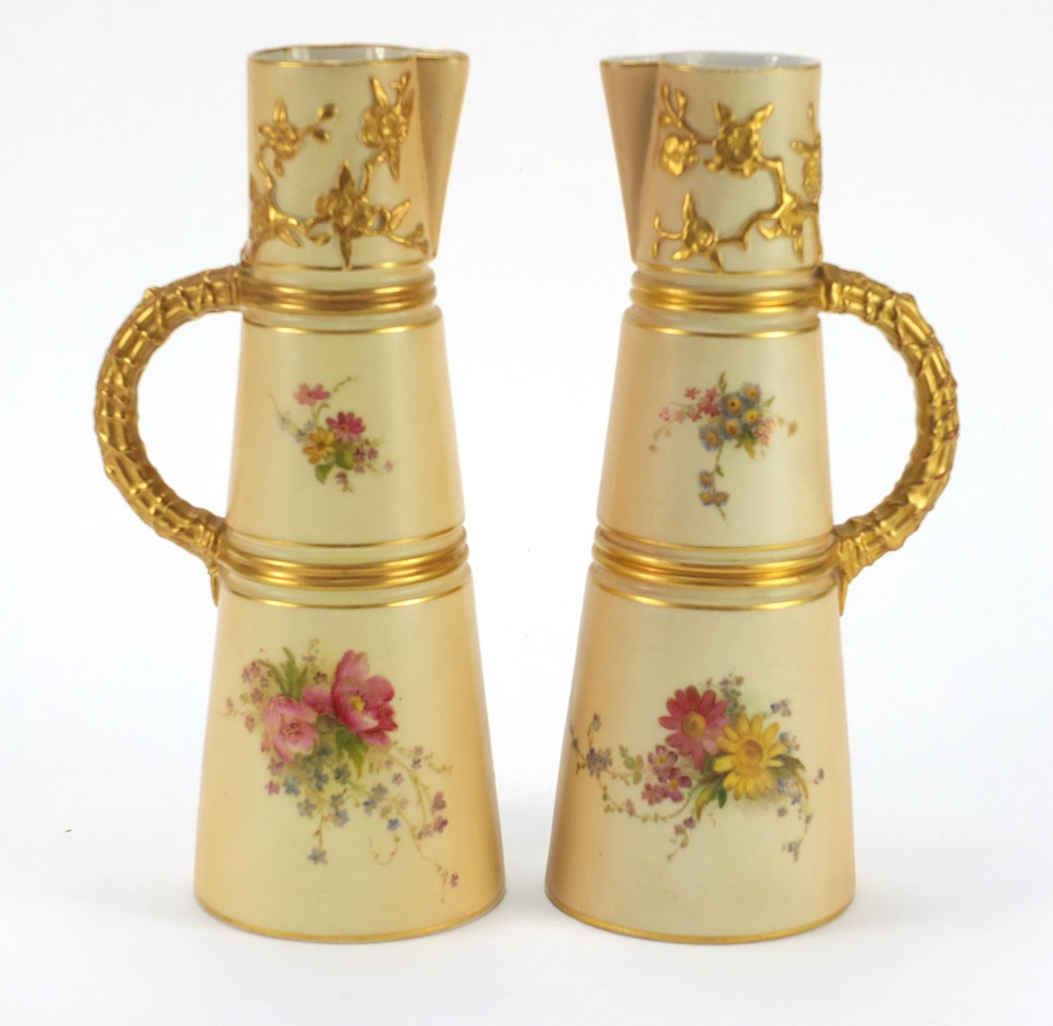 Pair of Royal Worcester blush ivory jugs with tapering bodies, each hand painted and gilded with - Image 3 of 8
