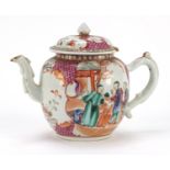 Chinese porcelain teapot hand painted in the Mandarin palette with figures and vignettes, 15cm