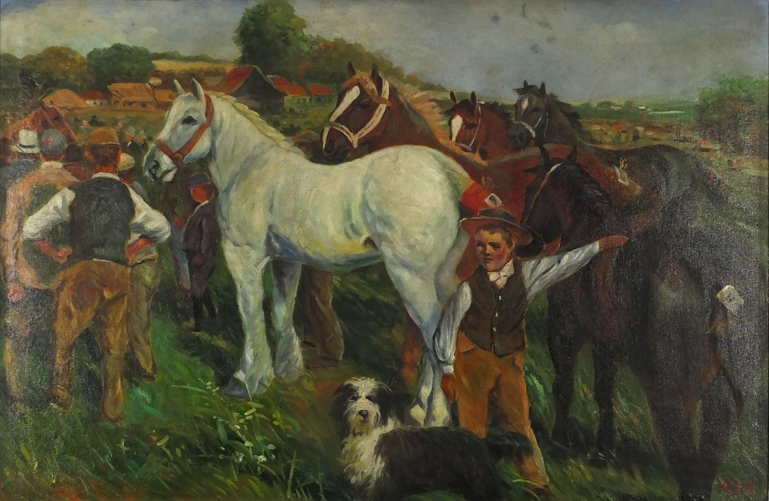 After Alfred Munnings - Horses in a field with figures, oil on board, framed, 90cm x 60cm :For