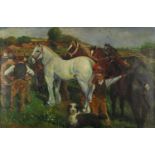 After Alfred Munnings - Horses in a field with figures, oil on board, framed, 90cm x 60cm :For