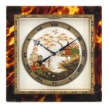 Art Deco eight day Swiss strut clock decorated in the chinoiserie manner with tortoiseshell frame,