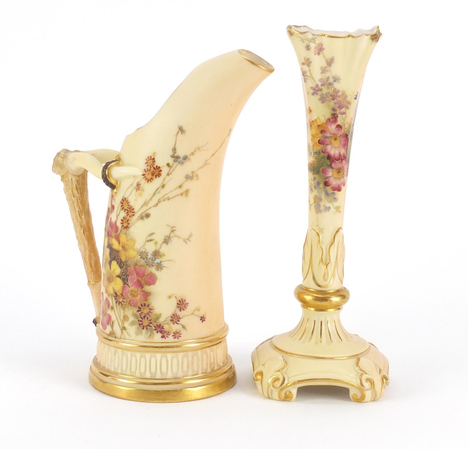 Royal Worcester blush ivory comprising three plates, bud vase and ewer, each decorated with flowers, - Image 4 of 13