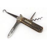 English Coachman/horseman's folding multi tool with horn grip and steel blades engraved H Hurst of