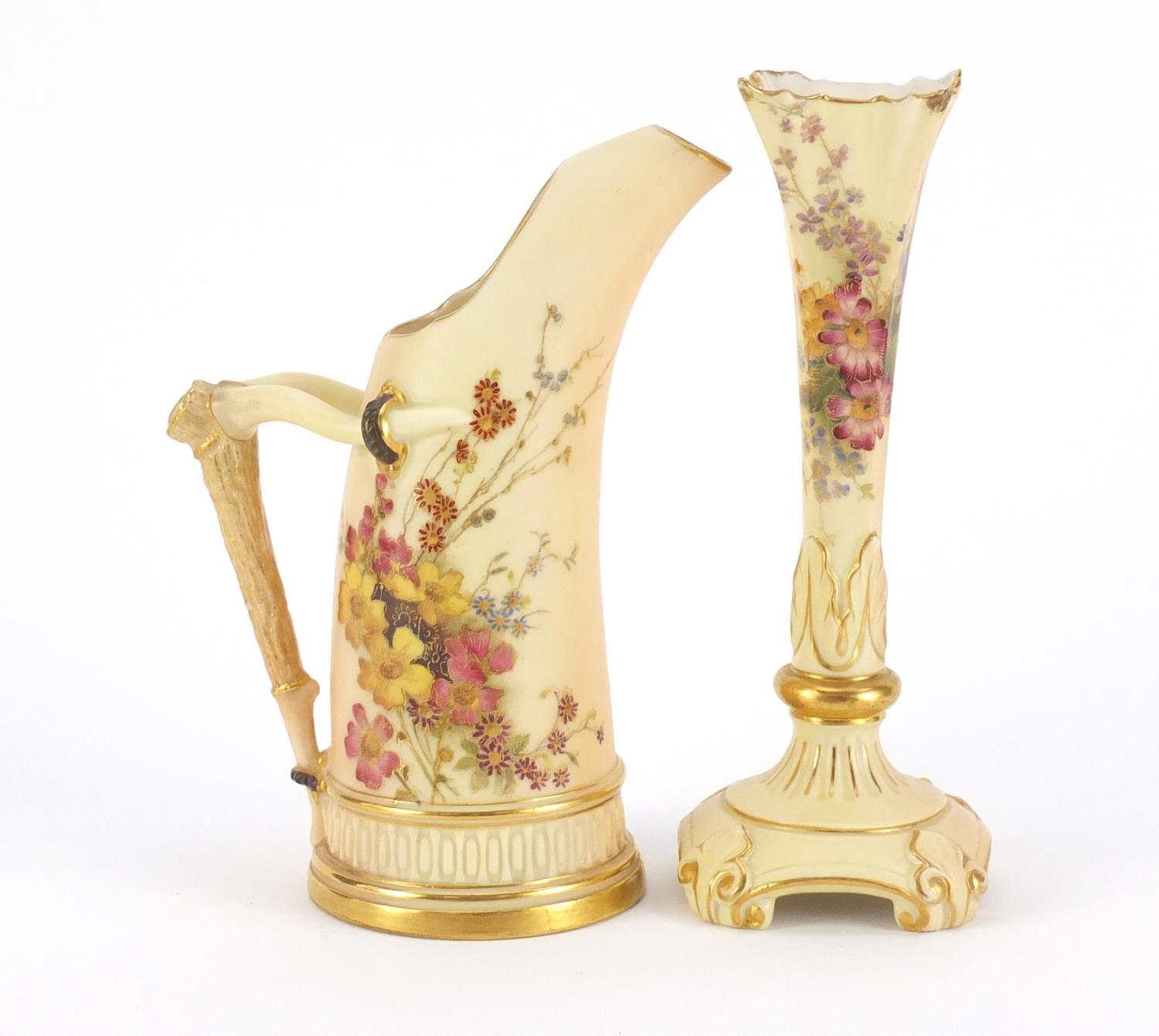 Royal Worcester blush ivory comprising three plates, bud vase and ewer, each decorated with flowers, - Image 8 of 13