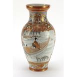 Good Japanese Kutani porcelain vase, finely hand painted with figures in landscapes, fan motifs,
