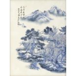 Chinese blue and white porcelain panel, decorated with a landscape and calligraphy, framed, 32cm x