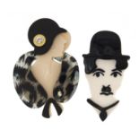 Two Lea Stein style brooches of a Art Deco female and Charlie Chaplin, the largest 7cm high :For