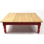 Industrial UKAA reclaimed pine low table with painted base and metal plaque, 47cm H x 140cm