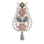 Unmarked silver moonstone and rose quartz pendant, 6.5cm in length, 10.6g :For Further Condition