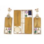 Rennie Mackintosh design brooch and earrings by Paula Bolton, each with semi precious stones