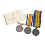Three British military World War I 1914-18 war medals, one with box of issue, awarded to 16858PTE.
