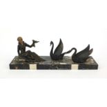 French Art Deco lady and stylised swan design sculpture, raised on a marble base, 51.5cm wide :For