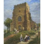 Children outside of a church, Victorian watercolour on card, mounted, framed and glazed, 47cm x 39cm