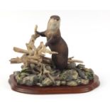Large Border Fine Arts river sentinel sculpture on wooden base with box by Ray Ayres, limited