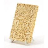 Exceptional Chinese Canton ivory card case, finely and deeply carved with figures crossing bridges