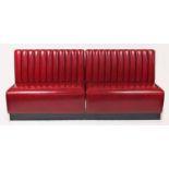 American style two section dining benches with red leatherette upholstery, 101cm H x 226cm W x 64.5D