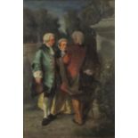 Ulysse - Three figures in a courtyard, 19th century French school oil on board, mounted and