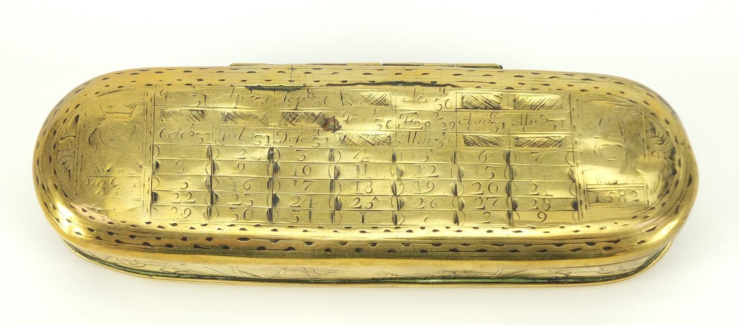 18th century Dutch seaman's brass tobacco box of Pieter Holm, 16cm wide :For Further Condition - Image 6 of 9