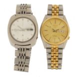 Two Seiko 5 automatic wristwatches with date dials, one with box and paperwork :For Further