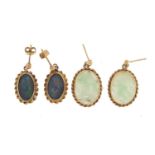 Two pairs of 9ct gold earrings set with cabochon opals and jade, the largest 2cm in length, 7.8g :