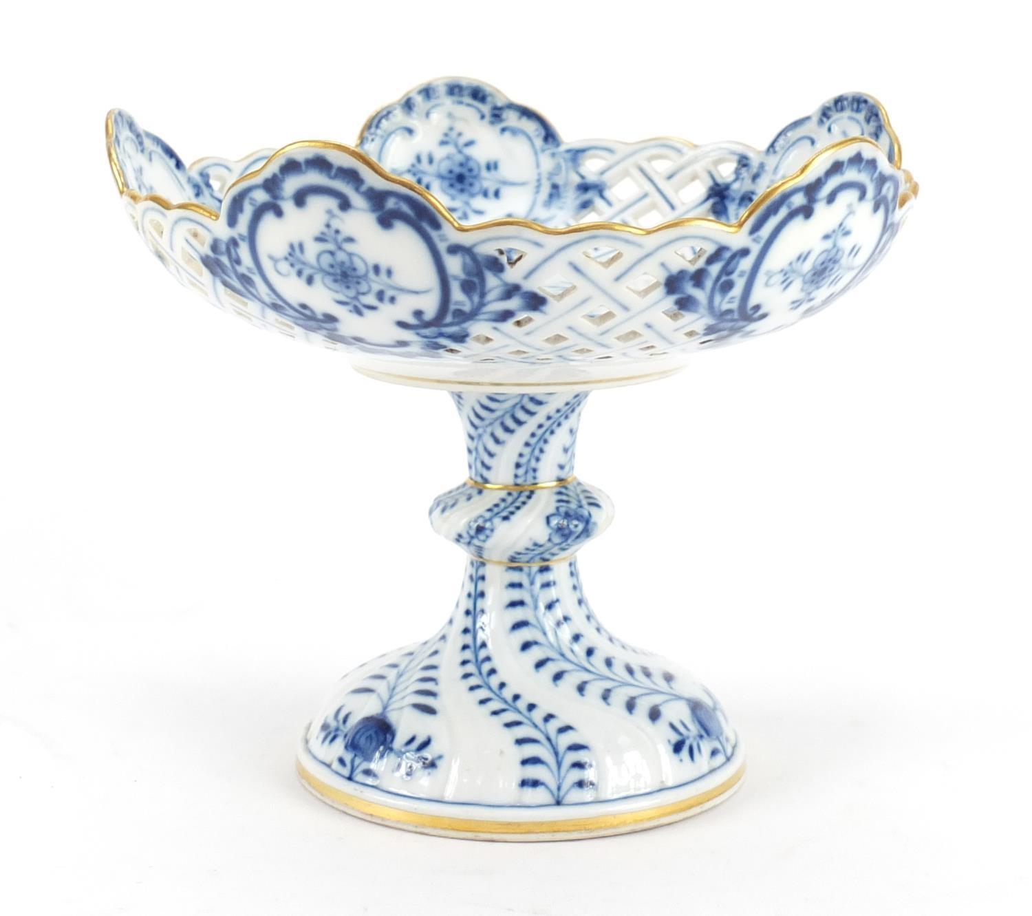 Meissen porcelain pierced tazza, hand painted in the Blue Onion pattern, crossed sword marks to - Image 2 of 7