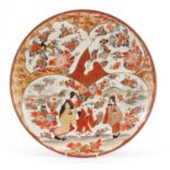 Japanese Kutani porcelain charger, hand painted with figures, birds and flowers, character marks