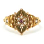 Victorian 15ct gold seed pearl and ruby ring, hallmarked Birmingham 1986, size N, 2.3g :For