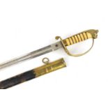 Victorian Naval Officer's sword with leather scabbard and engraved steel blade, 96.5cm in length :