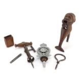Objects including steel corkscrew, silver pencil holder, Black Forest nutcrackers, Tunbridge ware
