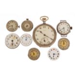 Silver Renown open face pocket watch and a group of watch movements, one with military dial :For