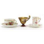 Two Dresden porcelain cabinet cups and saucers and a Vienna jewelled cup finely hand painted with