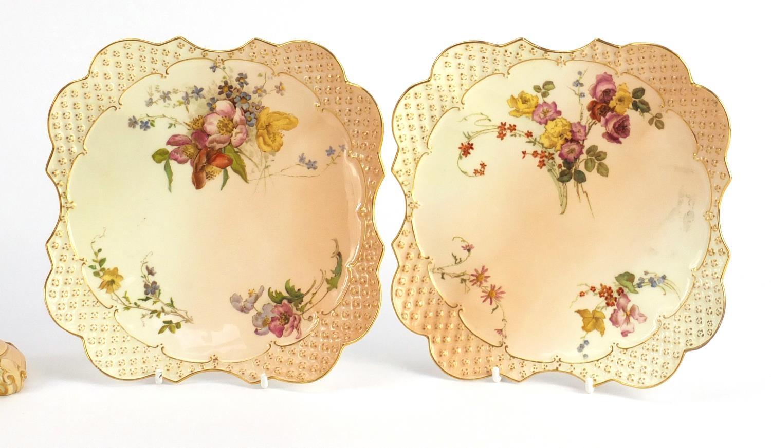 Royal Worcester blush ivory comprising three plates, bud vase and ewer, each decorated with flowers, - Image 3 of 13