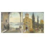 Emilio Papini - Figures outside a church and one other, pair of Maltese school watercolours, each