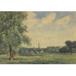 P A Hay 1925 - Green Park London with Buckingham Palace in the distance, watercolour, mounted,