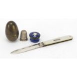 Antique objects comprising a Victorian silver bladed mother of pearl flanked folding fruit knife,