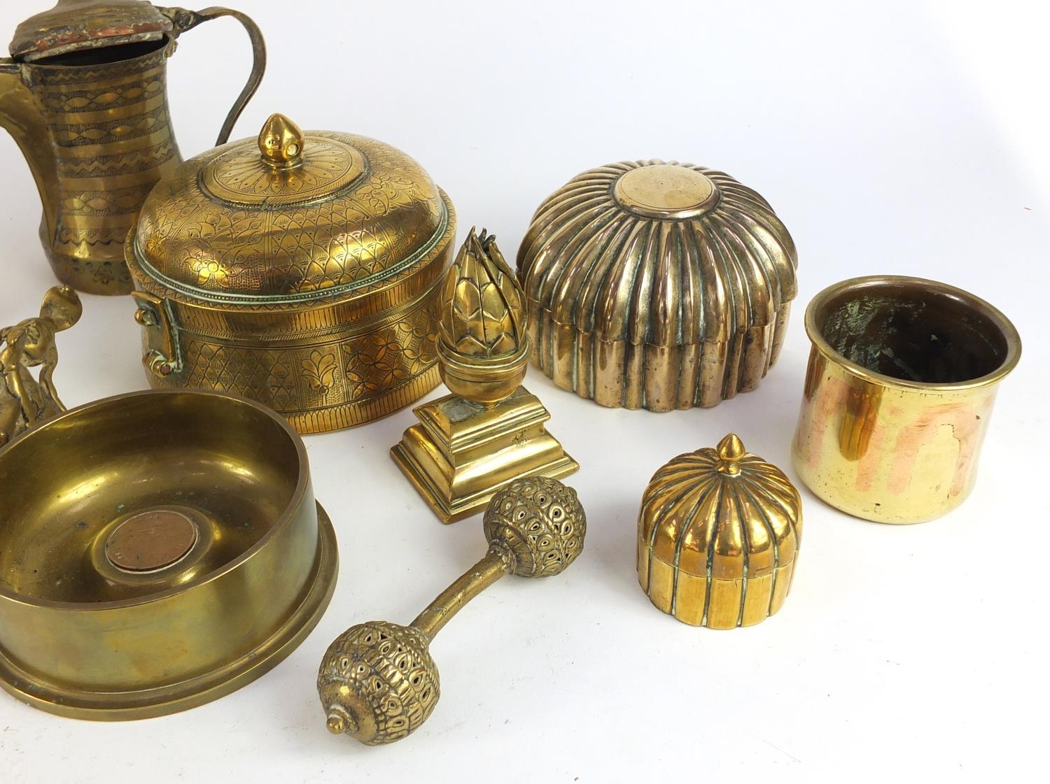 Antique and later metalware including Koran holder, boxes with covers, Indian spice boxes, trench - Image 5 of 9