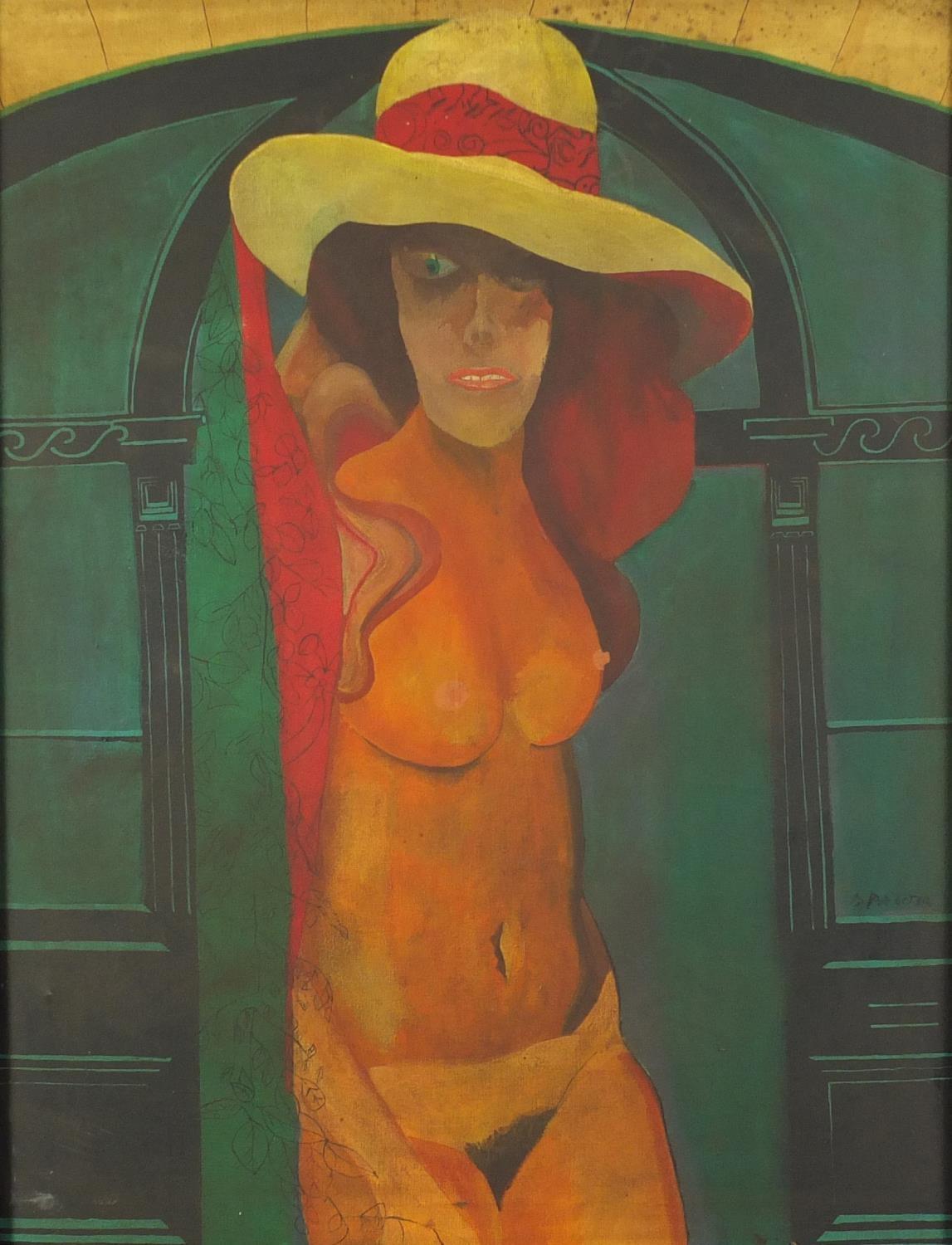 Manner of Dod Proctor - Standing nude female, oil on canvas, framed, 91cm x 69cm :For Further