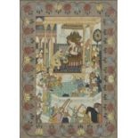 Figures in a temple, Persian watercolour onto silk, framed and glazed, 51.5cm x 36.5cm :For