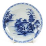 Chinese blue and white porcelain saucer from the Nanking cargo, hand painted with a landscape,