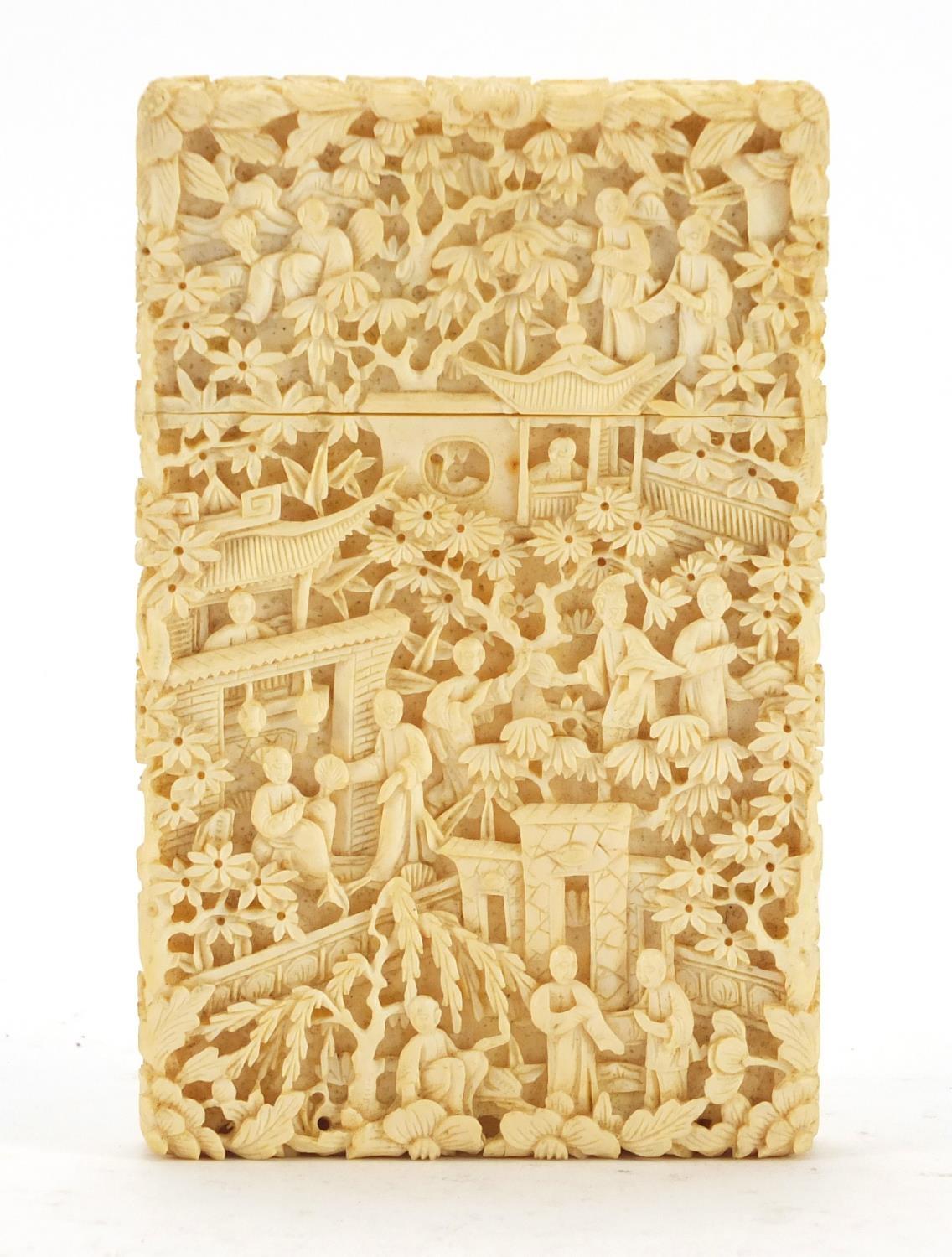 Exceptional Chinese Canton ivory card case, finely and deeply carved with figures crossing bridges - Image 3 of 12
