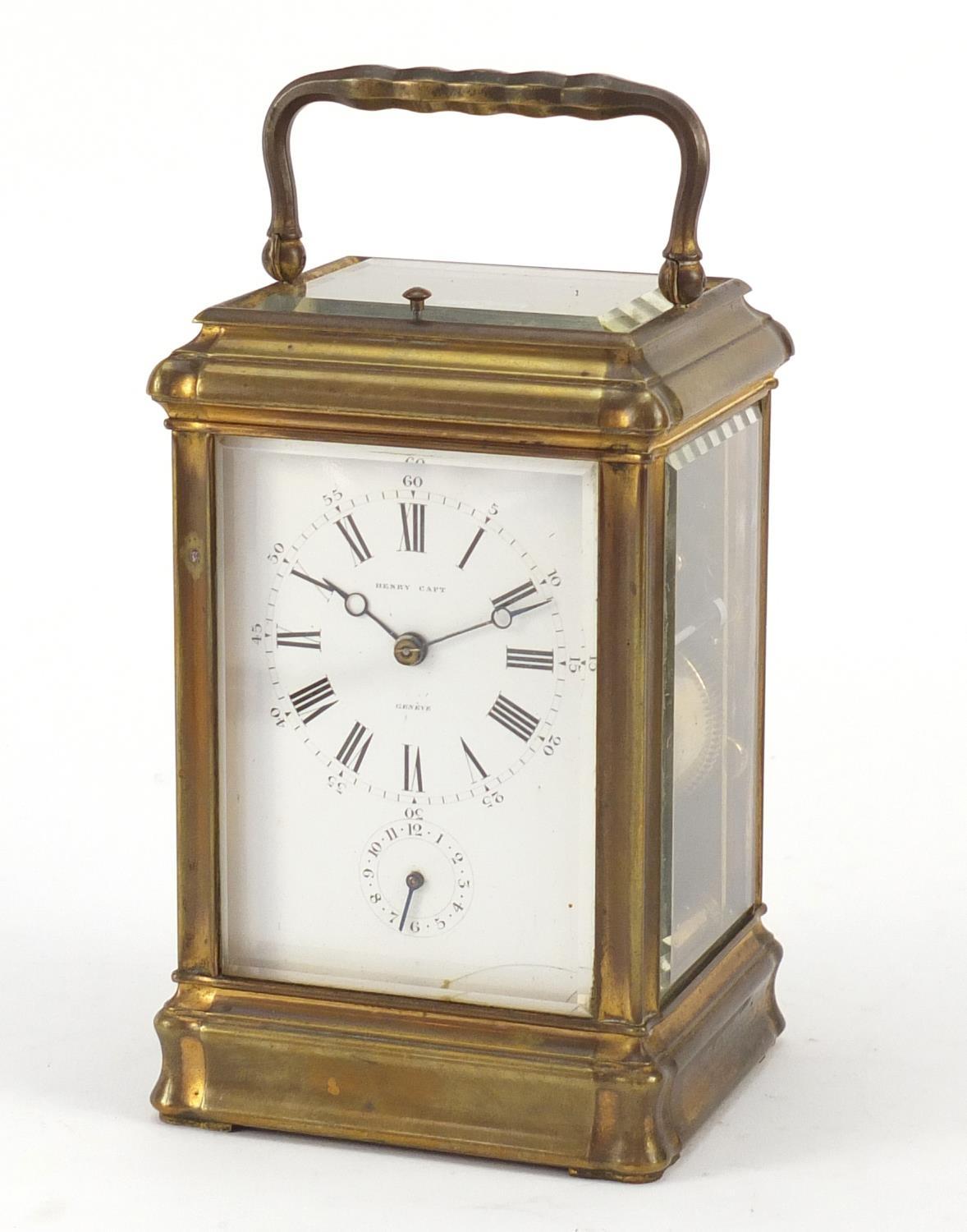 French brass cased repeating carriage clock with leather travelling case by François-Arsene - Image 2 of 10