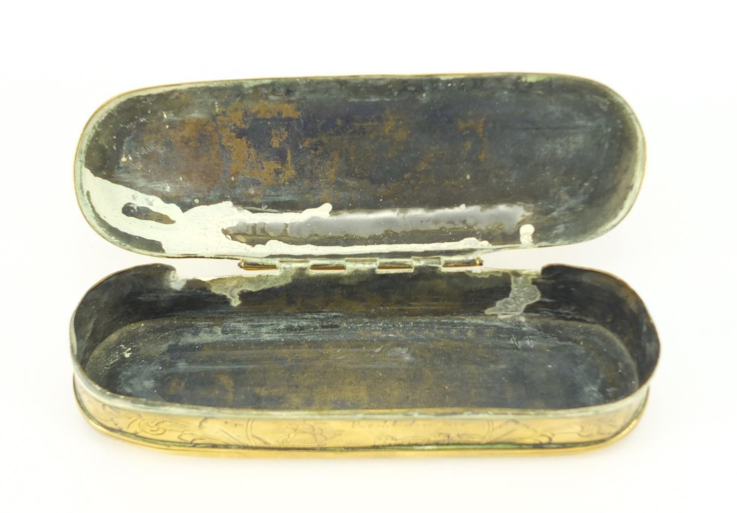 18th century Dutch seaman's brass tobacco box of Pieter Holm, 16cm wide :For Further Condition - Image 4 of 9