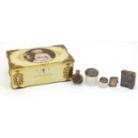 Silver objects including cut glass scent bottle, vesta and miniature book of prayer, housed in a