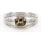 9ct gold diamond and brown stone ring, size P, 3.2g :For Further Condition Reports Please Visit