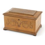 Italian Sorrento ware table casket inlaid with mythical birds amongst foliage, 15cm H x 27cm W x