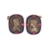 Pair of Russian silver and enamel cuff links, decorated with a male and female portrait, set with