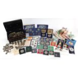 Collection of British and world coinage and bank notes including uncirculated one pounds coin from