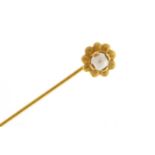 Chinese gold and pearl tie pin, 5.5cm in length, 1.6g, housed in a W Ruffell & Son leather box :