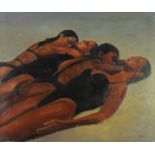 Four females bathing, Italian school oil on board, bearing a signature Pino, framed, 73cm x 61cm :